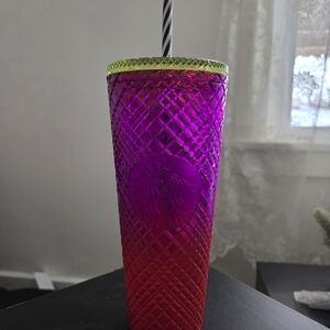 Starbucks SXT Collab Purple Red & Green Grid Tumbler Cold Cup 24oz